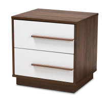 Baxton Studio LV3ST3240WI-Columbia/White-NS Mette Mid-Century Modern Two-Tone White and Walnut Finished 2-Drawer Wood Nightstand